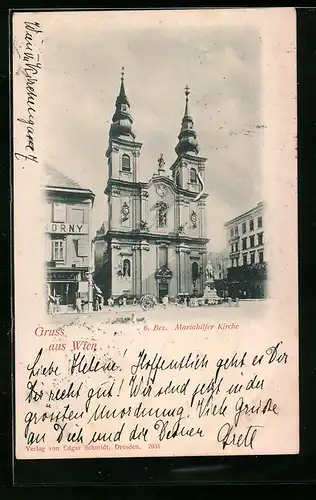 AK Wien, Mariahilfer Kirche mit Denkmal