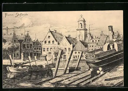 Künstler-AK Husum, Partie an der Schiffbrücke