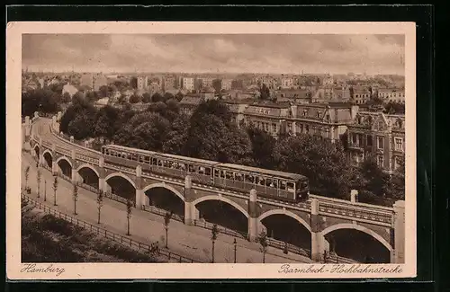 AK Hamburg-Barmbeck, Hochbahnstrecke mit Hochbahn aus der Vogelschau