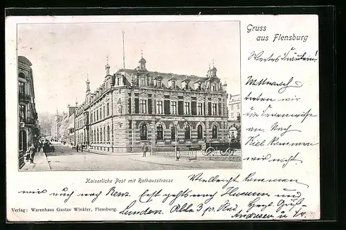 AK Flensburg, Kaiserliche Post mit Rathausstrasse