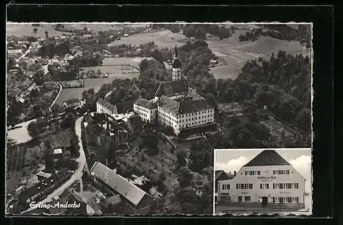 AK Erling-Andechs, Gasthaus Zur Post, Teilansicht mit Kloster