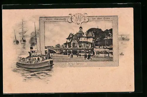 AK Hamburg-St. Pauli /Elbe, Fährhaus, Dampfboot