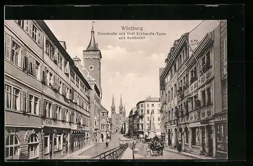 AK Würzburg, Cafe Union in der Domstrasse mit Graf Eckhardts-Turm