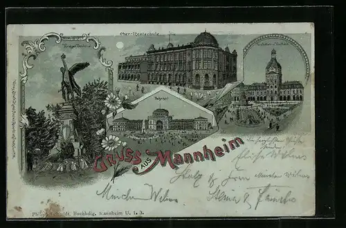 Mondschein-Lithographie Mannheim, Ober-Realschule, Kriegerdenkmal, Bahnhof