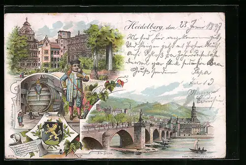 Lithographie Heidelberg, Alte Brücke, Schlosshof, Das grosse Fass