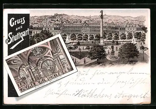 Lithographie Stuttgart, Schlossplatz und Bahnhof