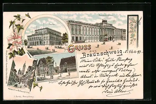 Lithographie Braunschweig, Residenzschloss, Theater, Burgplatz