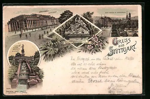 Lithographie Stuttgart, Königsbau, Altes Schloss und Schlossplatz