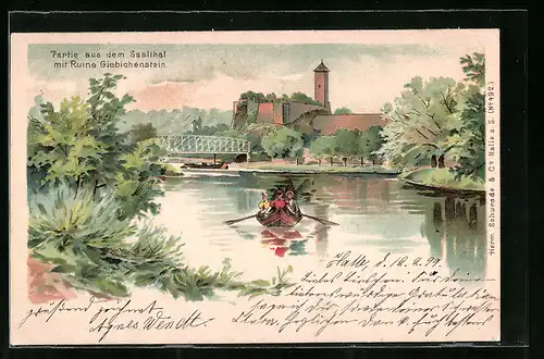 Lithographie Halle /Saale, Partie aus dem Saaltal mit Ruine Giebichenstein