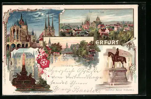 Lithographie Erfurt, Dom, St. Severikirche, Monumentalbrunnen am Anger