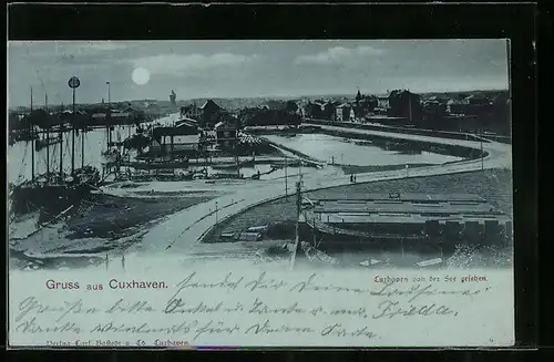 Mondschein-AK Cuxhaven, Ortsansicht von der See gesehen