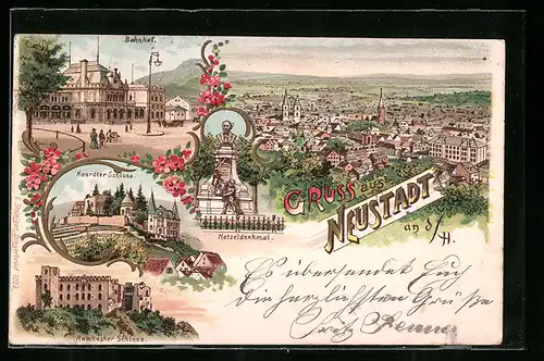 Lithographie Hamburg-Neustadt, Ortsansicht, Bahnhof, Haardter Schloss, Hetzeldenkmal