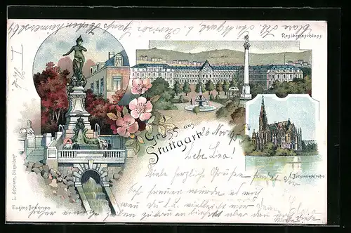 Vorläufer-Lithographie Stuttgart, 1895, Johanneskirche, Residenzschloss, Eugens-Brunnen