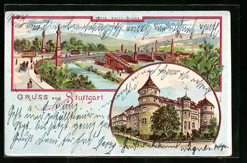 Lithographie Stuttgart, König-Karls-Brücke und Altes Schloss