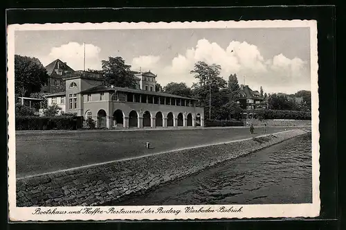 AK Wiesbaden-Biebrich, Bootshaus und Kaffee-Restaurant der Ruderg.