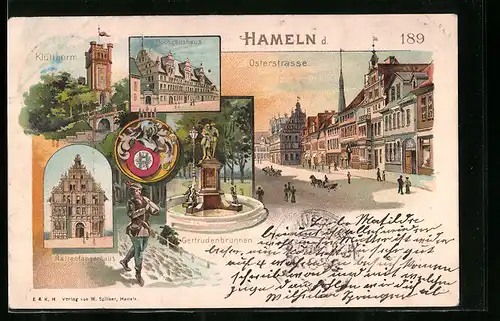 Lithographie Hameln, Klütthurm, Osterstrasse und Hochzeitshaus