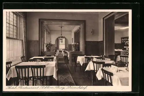 AK Düsseldorf, Innenansicht des Hotel-Restaurants Schloss Burg