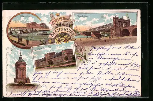 Lithographie Mannheim, Wasserthurm und Rheinbrücke