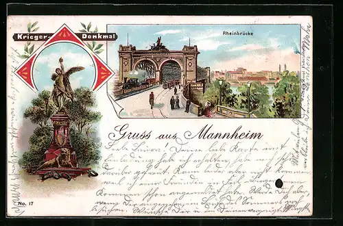 Lithographie Mannheim, Rheinbrücke und Krieger-Denkmal