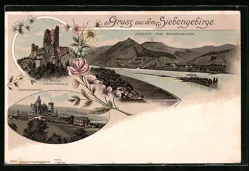 Lithographie Drachenfels, Aussicht vom Rolandsbogen und Drachenburg