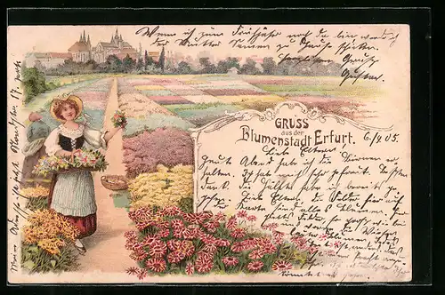 Lithographie Erfurt, Blumenmädchen mit Blick auf die Stadt