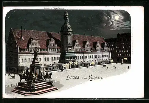 Lithographie Leipzig, Rathaus und Siegesdenkmal bei Nacht