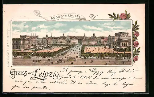 Lithographie Leipzig, Augustusplatz aus der Vogelschau