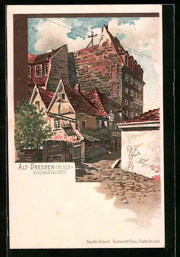 Lithographie Dresden-Neustadt, Partie im Blockhausgässchen