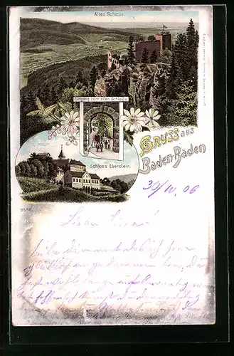 Lithographie Baden-Baden, Schloss Eberstein, Altes Schloss