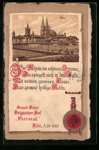 Künstler-AK Köln, Dom, Rheinpartie mit Schiffbrücke