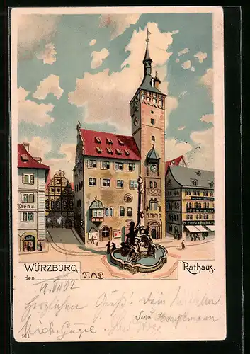 Lithographie Würzburg, Rathaus mit Brunnen