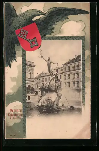 AK Bremen, Partie am Teichmann-Brunnen, Stadtwappen