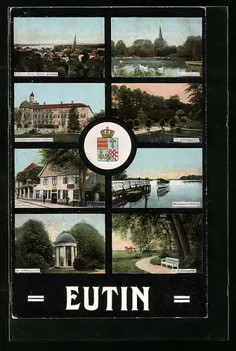 AK Eutin, Stadtbucht, Schlossgarten, Motorboot Altborg, Hotel Voss-Haus, Teilansicht
