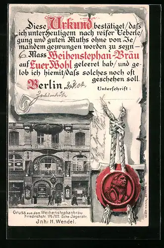 Lithographie Berlin, Gasthaus Weihenstephanbräu, Friedrichstrasse 176 /177 Ecke Jägerstrasse