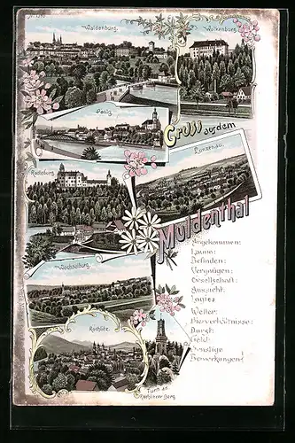 Lithographie Wechselburg, Wolkenburg, Rochlitz, Penig, Waldenburg
