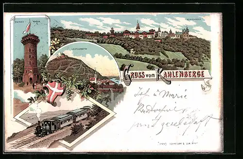 Lithographie Wien-Kahlenberge, Stefanie-Warte, Leopoldsberg, Eisenbahn