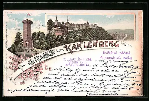 Lithographie Wien-Kahlenberg, Hotel und Aussichtsturm