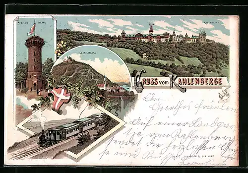 Lithographie Wien-Kahlenberg, Stefanie-Warte, Leopoldsberg, Bergbahn