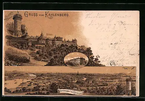 Lithographie Wien-Kahlenberg, Aussichtsturm, Hotel, Panorama von Wien