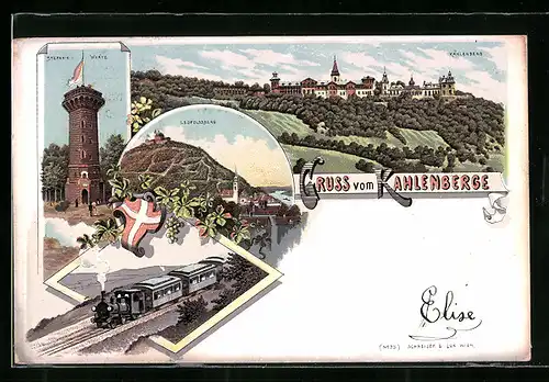 Lithographie Wien-Kahlenberg, Stefanie-Warte, Leopoldsberg und Bergbahn