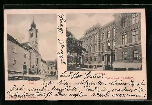 AK Wien-Nussdorf, Gruss mit Kirche, Schule