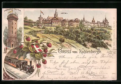 Lithographie Wien-Kahlenberg, Gruss vom Kahlenberge, Hotel, Aussichtsturm