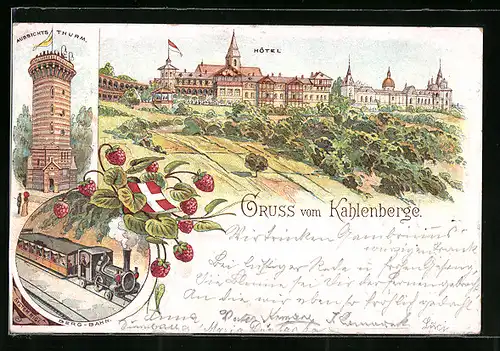 Lithographie Wien-Kahlenberg, Gruss vom Kahlenberge, Hotel, Aussichtsturm