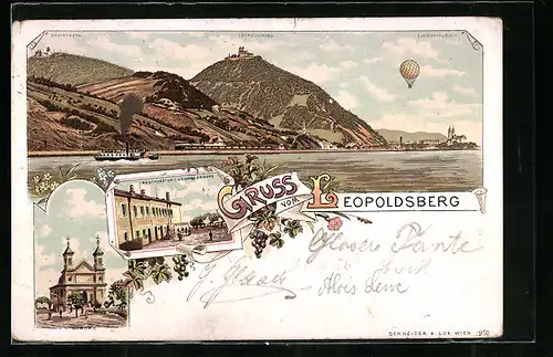 Lithographie Wien-Leopoldsberg, Restauration Leopoldsberg, Kirche und Kahlenberg