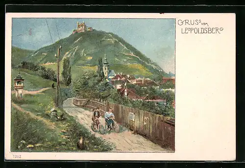 Lithographie Wien-Leopoldsberg, Fahrradfahrer mit Burg im Hintergrund