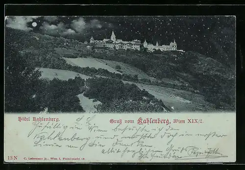 Mondschein-AK Wien-Kahlenberg, Hotel Kahlenberg aus der Ferne