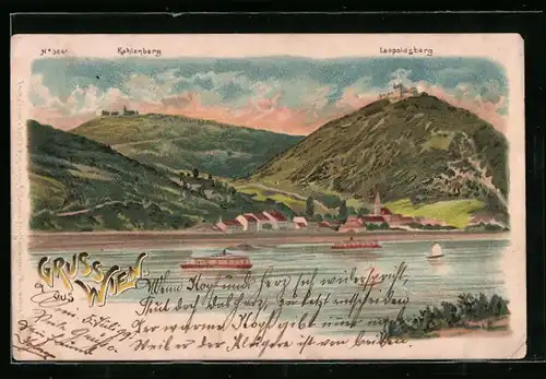 Lithographie Wien, Panorama mit Kahlenberg und Leopoldsberg