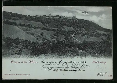 Mondschein-AK Wien, Hotel Kahlenberg aus der Ferne