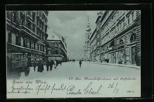 AK Wien, Mariahilferstrasse mit Stiftskirche im VI. Bezirk