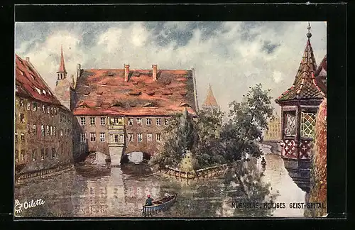 Künstler-AK Charles F. Flower: Nürnberg, Heiliges-Geist-Spital mit Boot